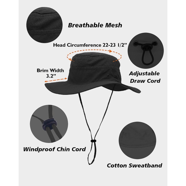 Unisex bredskygget solhat, udendørs Upf 50+ vandtæt Boonie hat sommer UV-beskyttelse solhatte（sort）