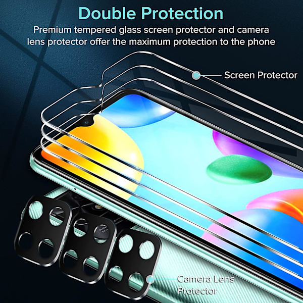 3 kpl Tempered Glass -näytönsuojaa Xiaomi Redmi 10c / Xiaomi Poco C40:lle, 3 kpl takakameran suojaa, 9H kovuus, anti
