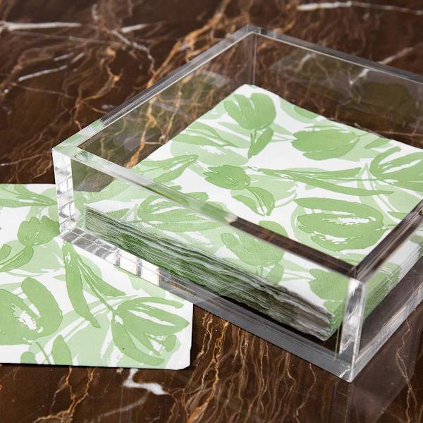 Akryl frokostserviet holder, dekorativ servietbakke til spisebord og køkken, gennemsigtig flad serviet holder tissue dispenser, 7,1 x 7,1 x 2,6 tommer