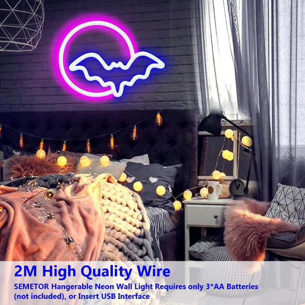 Neon Signs, Moon and Bat LED Neon Signs, Wall Neon Signs USB/Batt