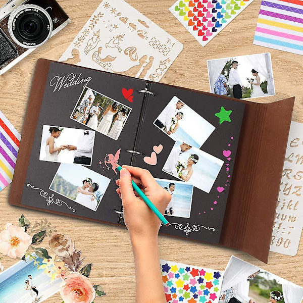 Skrapbok i skinn, fotoalbum, bryllupsgjestbok, DIY-minnebok, svarte sider, gave til Valentinsdag, jubileum (brun)