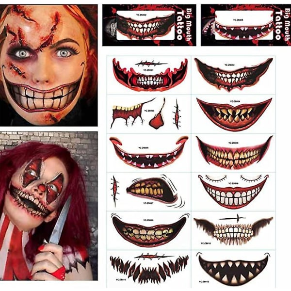 12 sæt Halloween Klovn Horror Mouth Bar Tattoo Stickers Smilende Lip Stickers, Midlertidig Tatovering Makeup Rekvisitter