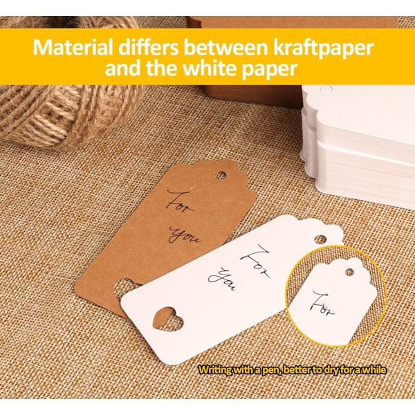 200 stk. Kraft Kort Kraft Papir Mærke 9 x 4cm Jute Snor 60M til Gave, Bagage, Bryllup hvid brun