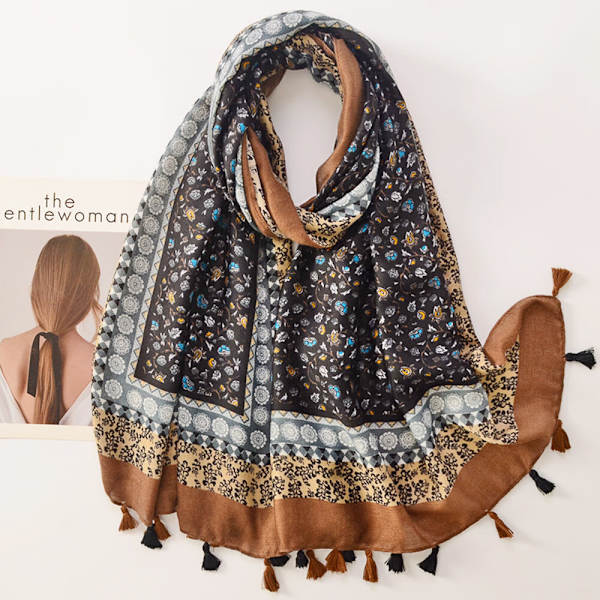 Boho-skjerf for kvinner - lett floralt trykt skjerf - fasjonabelt frynseskjerf