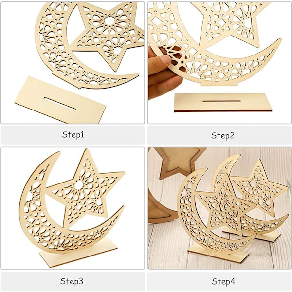 Set med 2 Ramadan-pynt i tre - Bordpynt i tre - Måne-stjerne-anheng for Eid Ramadan Mubarak-pynt