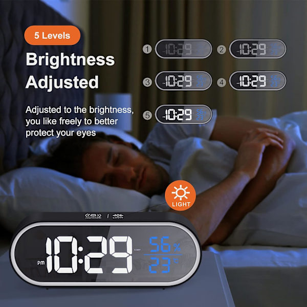 Digitalt vækkeur med stort LED-display til fugtighed og temperatur, USB-genopladeligt dobbeltvækkeur, 5 slags lysstyrke, smart stemme - sort