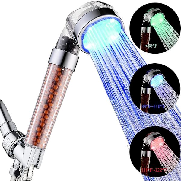 LED-dusjhode med temperaturvisning, regnfall, 3 fargeskiftende, høyt trykk