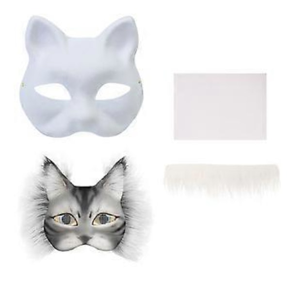 Handmålade Kattmasker Set Djurmask Maskeradmask Omålade Rävmasker med Päls Halloweenfestmask för Vuxna pensel paintbrush
