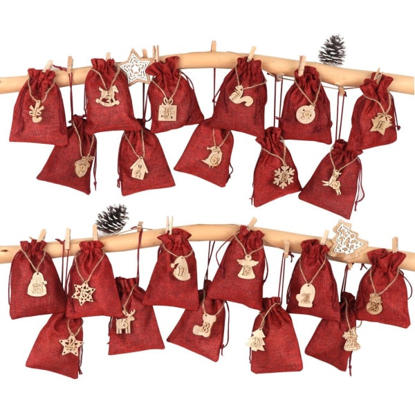 (24 stk) 1-24 tall treanheng i tre, juletrepynt, adventskalender, DIY julegaveposer, stoffposer