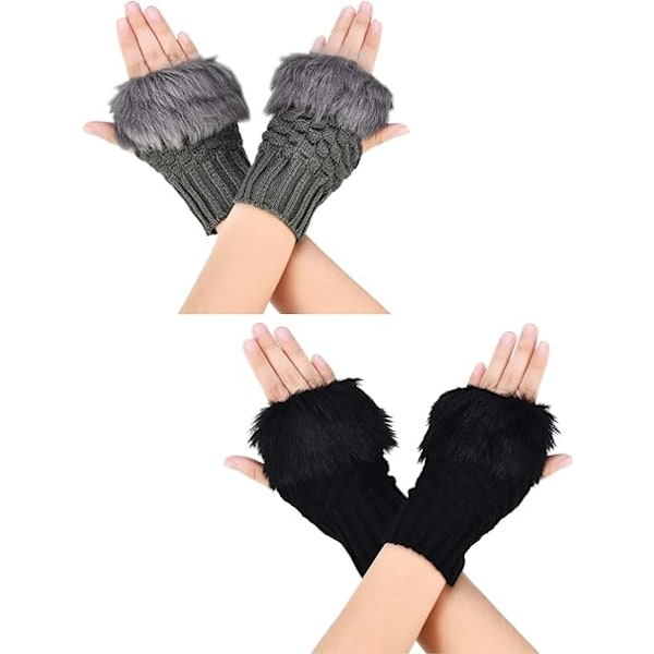 (Sort + Mørkegrå) 2 Par Fingerløse Vinterhandsker Korte Touch