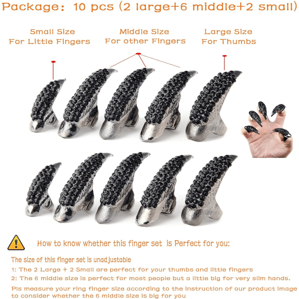 10-pakkaus Halloween-asu kynsirengassetti, Goth Punk Crystal Full Rings Boutique Claws Nails Curved Fingertips Claw Girls Women Men Easy Fake Finger Rings Long Nails Black - M