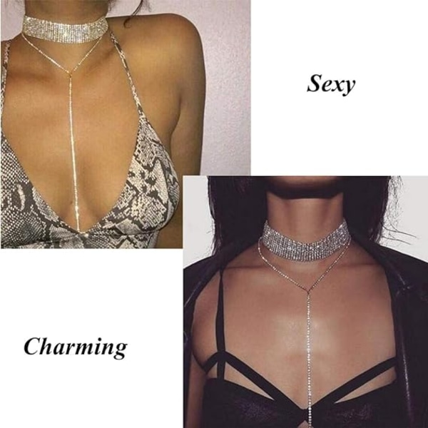 Rhinestone Tassel Choker Y Halsband Flerskiktat Brett Halsband Justerbar Kedja Kristall Halsband Silver för Kvinnor Flickor