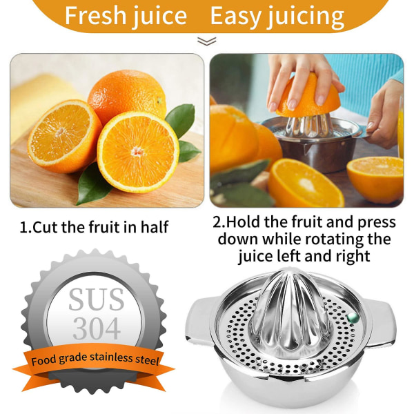 Citronpresser med beholder, fødevaregodkendt 304 rustfrit stål citruspresser manuel, robust appelsinpresser, håndfrugtpresser, manuel citruspresser til citron
