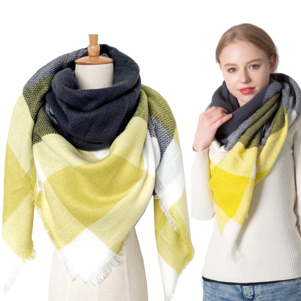 Stort ternet firkantet grå gul cashmere imitation dame sjal