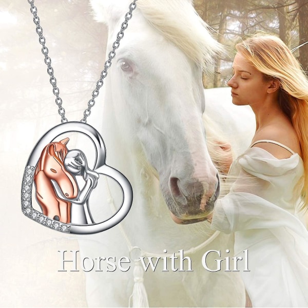 Halsband med hästberlock i 925 sterling silver, flickor som omfamnar häst (halsband med häst och flicka)