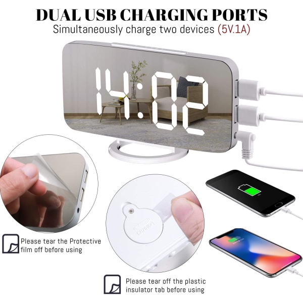 Digital väckarklocka, stor LED-spegeldisplay med USB-laddare, S