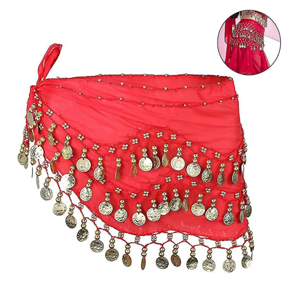 Hip Scarf For Belly Dancing, Women&#39;s Belly Dance Scarf With Coin Skirt（Red）