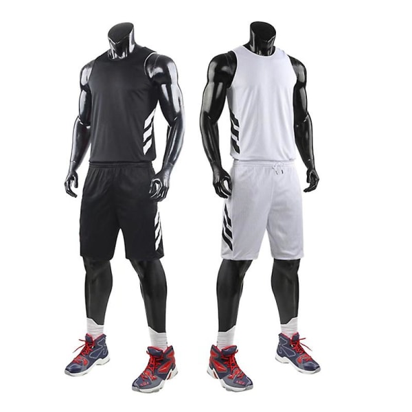 Dobbelslitt basketballtrøye dress herre gutter treningsdrakt svart hvit（XL）