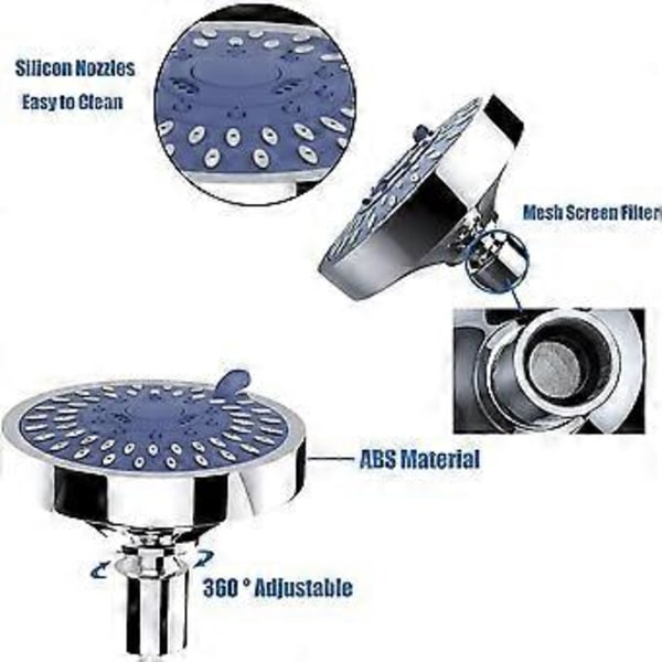 Høytrykks fast dusjhode, diameter 10 cm, 5 justerbare spraymoduser, 360 graders rotasjon, anti-lavt vanntrykk, krombelegg