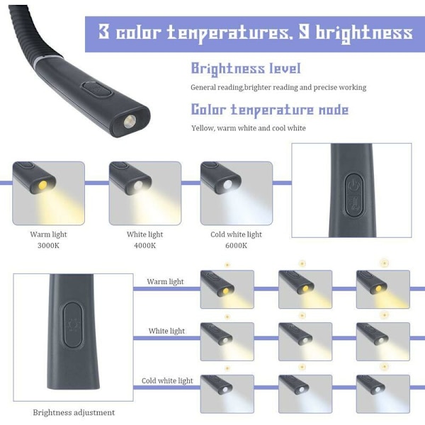 Oppladbar Leselampe for Nakken, Lampe for Lesing i Sengen, 3 Farger