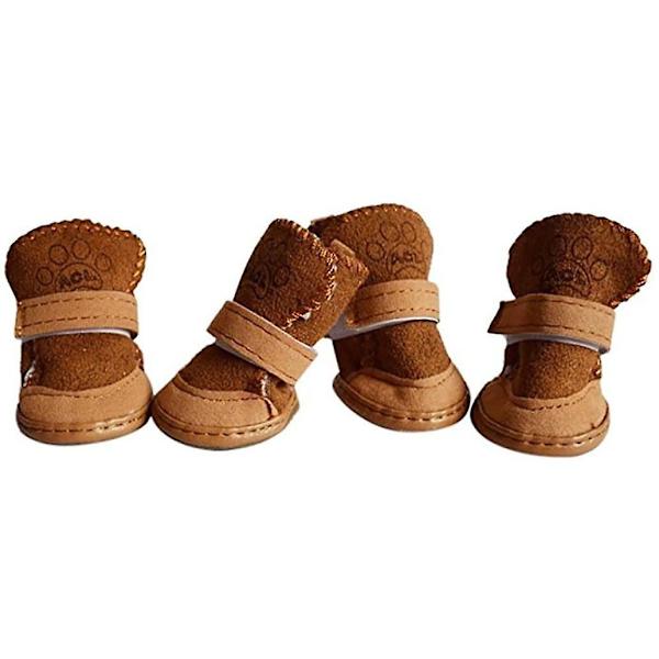 Puppy Cozy Varm Anti Slip Vinterstövlar För Husdjur Fleece Snöskor（2 (Vikt* 3lb) Brun）