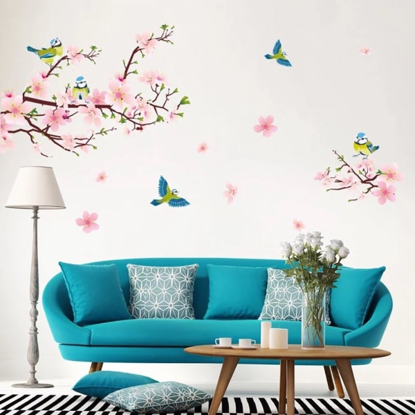 Peach Blossoms & Birds väggdekaler (250x150 cm) I självhäftande m