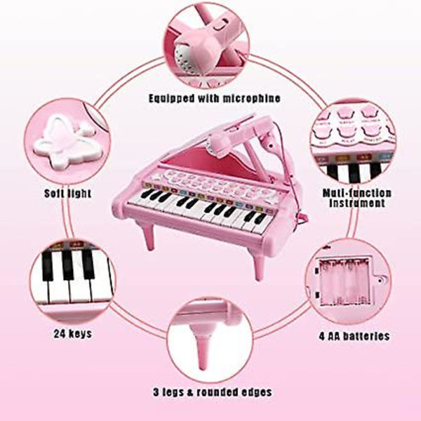 Barnpiano, Rosa pianoleksak för småbarn, Baby Piano Keyboard, 24 tangenter Elektroniskt leksakspiano för barn med mikrofon