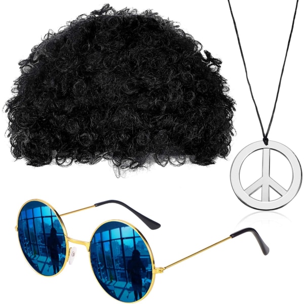 Halloween Mardi Gras Hippie -setti, afro-peruukki, aurinkolasit ja litteä kaulakoru, 3 osaa (musta)