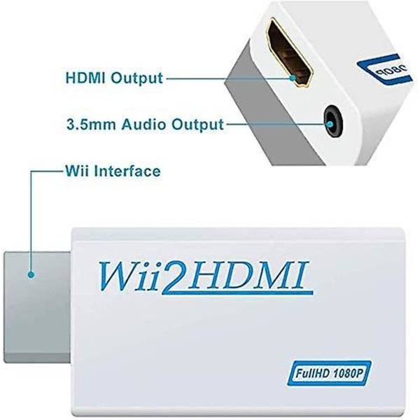 Wii till HDMI-omvandlaradapter, Wii till HDMI 1080p-kontakt Utgång Video 3,5 mm ljud - stöder alla Wii-visningslägen, vit