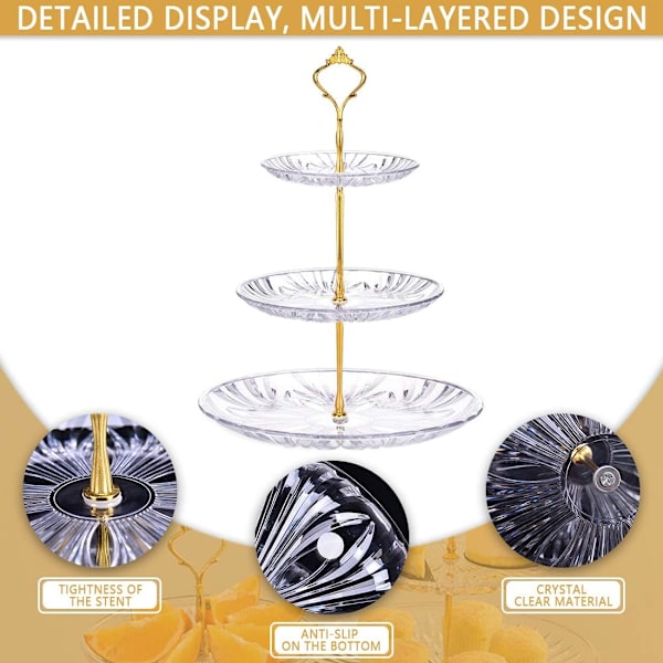 3-vånings kakställ, kakställ med metallstång, kakställ och dessertställ, transparent fruktställ för bröllop, födelsedagar, säkert och giftfritt