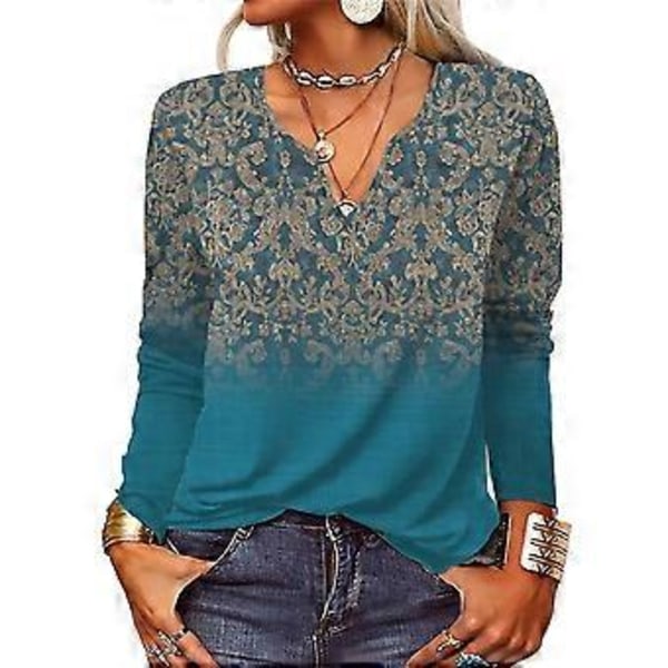 Vintage-kuvioitu pusero V-pääntie Pitkähihainen Löysä kuvioitu pusero Naisten treffeille (2XL Vihreä) Green 2XL