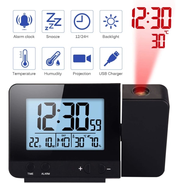 LED Display Projector Alarm Clock, Backlight Battery Powered Rota