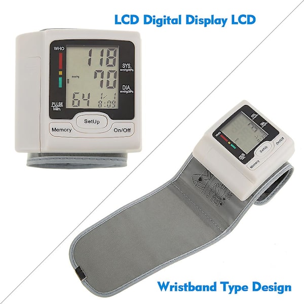Automatisk LCD-blodtrycksmätare handledssfygmomanometer för mätning av pulshastighet