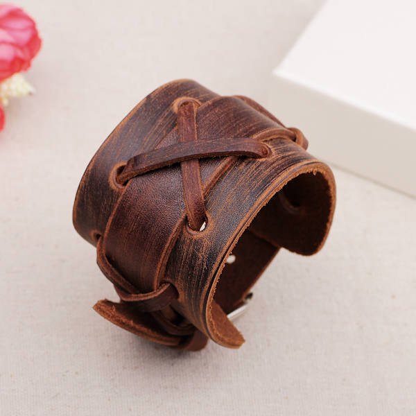 Brun äkta bred manschettarmband i äkta läder Casu