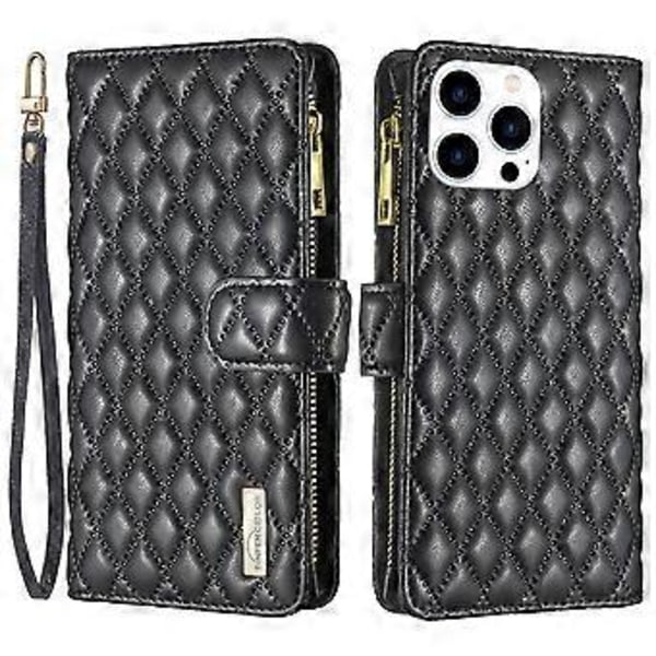BINFEN COLOR BF Style-15 Fodral till iPhone 16 Pro Max Rombmönstrat Läder Telefonskal Black