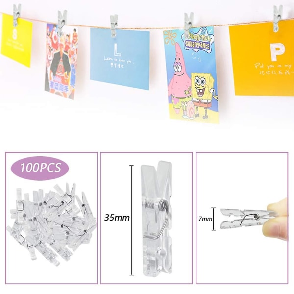 100st Mini genomskinliga pinnar för att hänga foton Plast fotopappersklämmor Små klädnypor för bilder Små klädnypor Hem skola