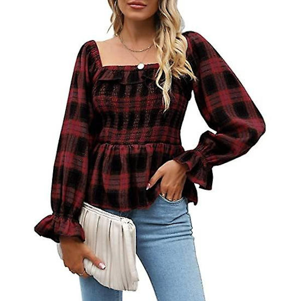 Ohpa Kvinners Langærmet Rutete Topper Sexy Peplum Skjorter Firkant Hals Søt Høst Flanell 2022 Dame Topper Og Bluser（XXXL Rød）