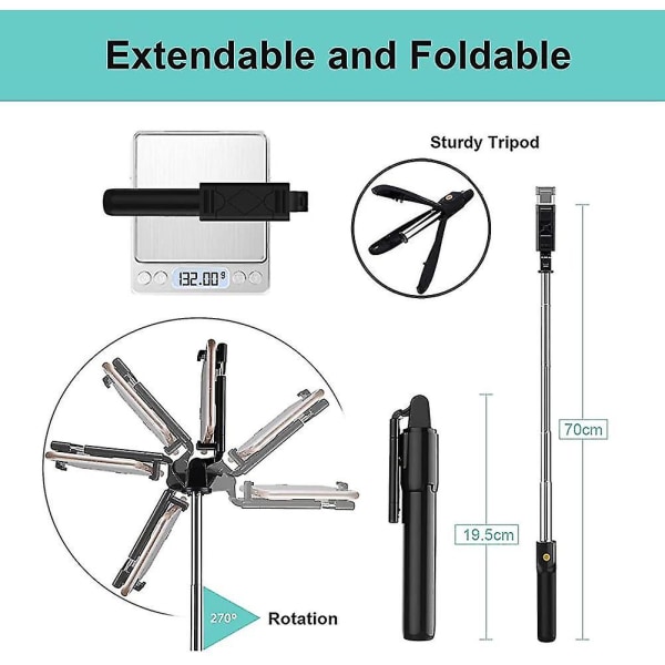 Bluetooth Selfie Stick Stativ med Fjernkontroll, Rotasjon Selfie Stick