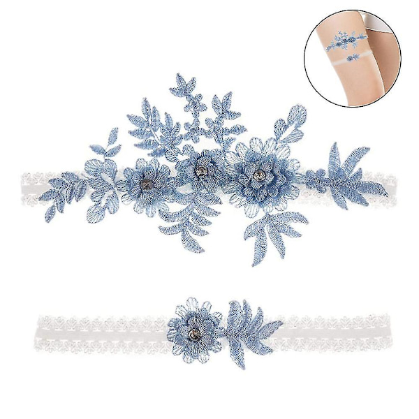 2 stk Bryllupsstrømpebåndsett Blonder Brud Strømpebånd Stretchy Blomster Strømpebånd For Brud Blå Og Hvit Blå