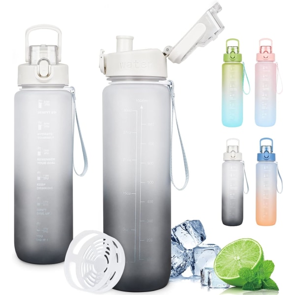 1 liter sportvattenflaska - grå, motiverande vattenflaska med vit