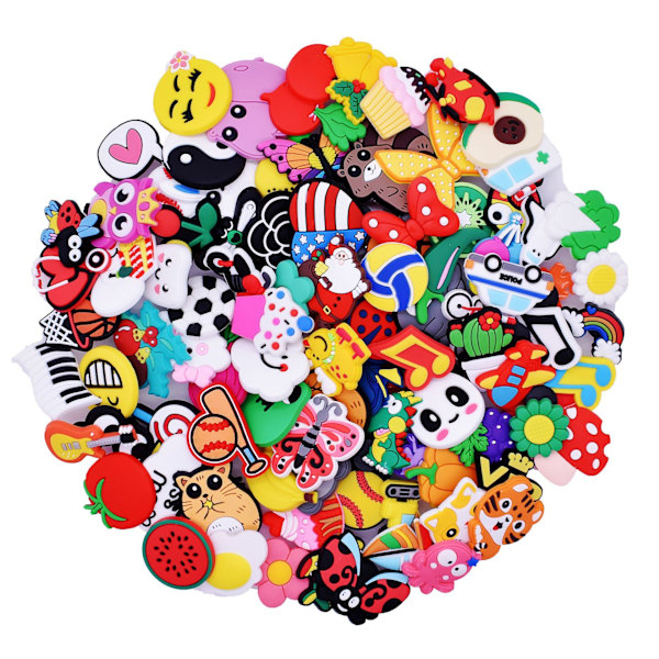 100-pack skosmycken för träsko, slumpmässiga tecknade skodekorationer, armband, armband, berlocker, accessoarer för vuxna och barns skor, gör-det-själv-hantverk, slumpmässiga stilar