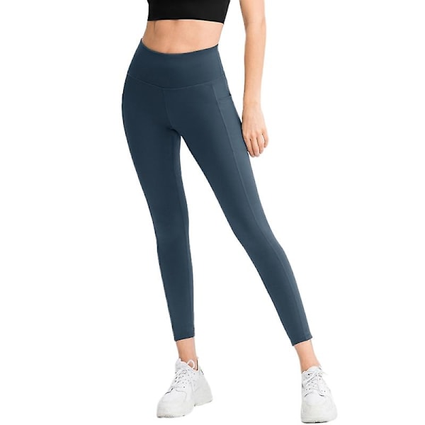 Kvinnors höga midja sidoficka tights sport leggings yogabyxor（8(L) blå）