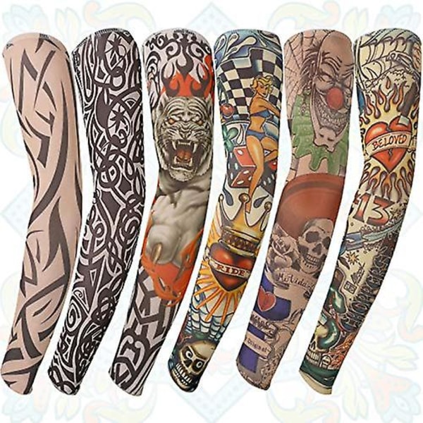 6 st Fashion Nylon Falska Tillfälliga Tatueringsärmar Armstrumpor Halloween Tatuering Mjuk För Män Kvinnor