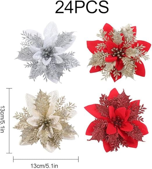 24 stk Glitter Julstjerne Blomster Kunstige Julestjerner