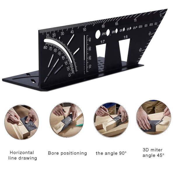 Aluminiumlegering 3D Gehrungswinkel, 45/90 Winkel Messwinkel Lineal, T-Form Holzbearbeitungslineal für Zimmermann