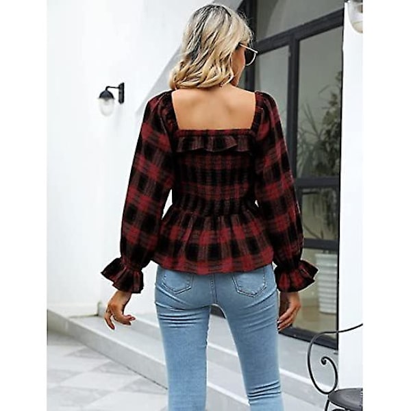 Ohpa Kvinners Langærmet Rutete Topper Sexy Peplum Skjorter Firkant Hals Søt Høst Flanell 2022 Dame Topper Og Bluser（XL Rød）