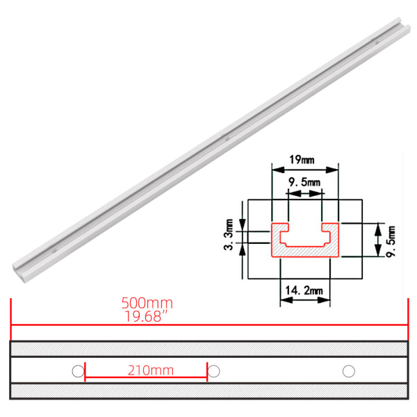 500mm T-spår i aluminium, T-spår för geringssåg, fräs