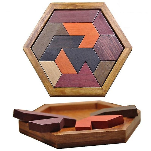 Trä Hexagon Pussel Form Block Tangram Brain Teaser Leksak Geometri Logic Iq Game