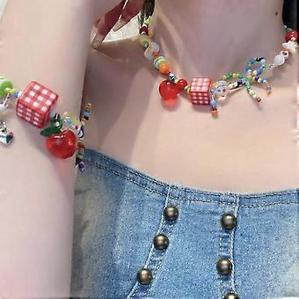 Retrohelmillinen kaulakoru/rannekoru naisille, jossa on värikkäitä omenoita ja tähti-amuletti, perhosrusetti-riipuskoru Bracelet