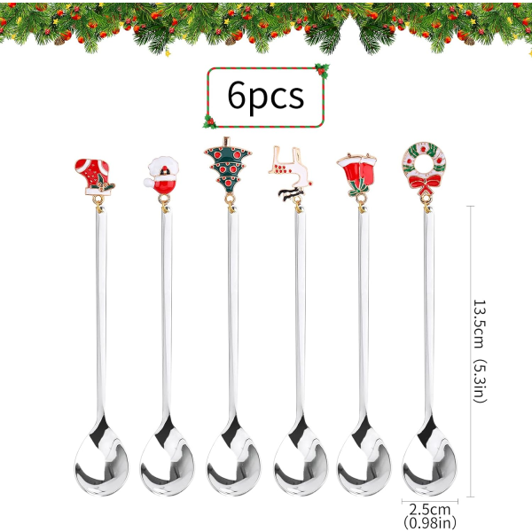 6 juleskjeer i sølv, juleskjeer i rustfritt stål til dessert og te med